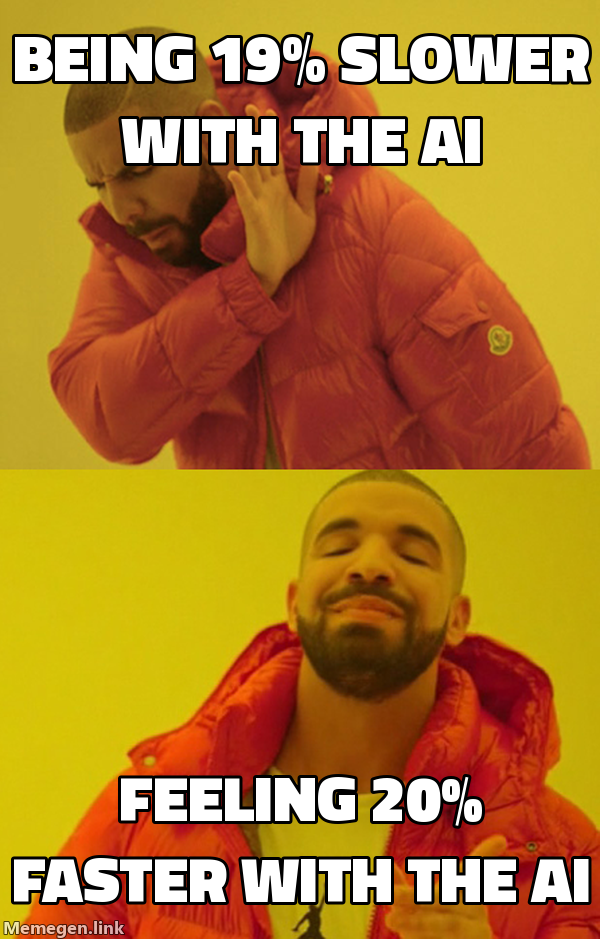 Drake meme. Top panel, Drake waving it off: "being 19% slower with the ai." Bottom panel, Drake nodding in approval: "feeling 20% faster with the ai." Both describe the same METR developers in the same trial.