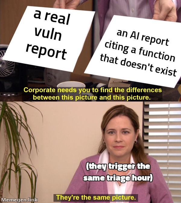 The "they're the same picture" meme: panels labeled "a real vuln report" and "an AI report citing a function that doesn't exist," with the punchline that they trigger the same triage hour.